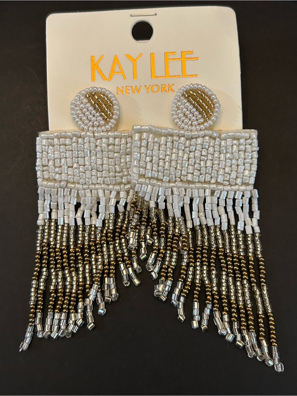 White and Gold Boho Design Hand Beaded Fringe Post Back Earrings